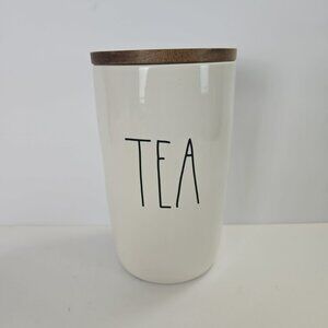 Rae Dunn Ceramic TEA Canister with Wooden Lid 7 X 4.25 Inches White Drink Bar